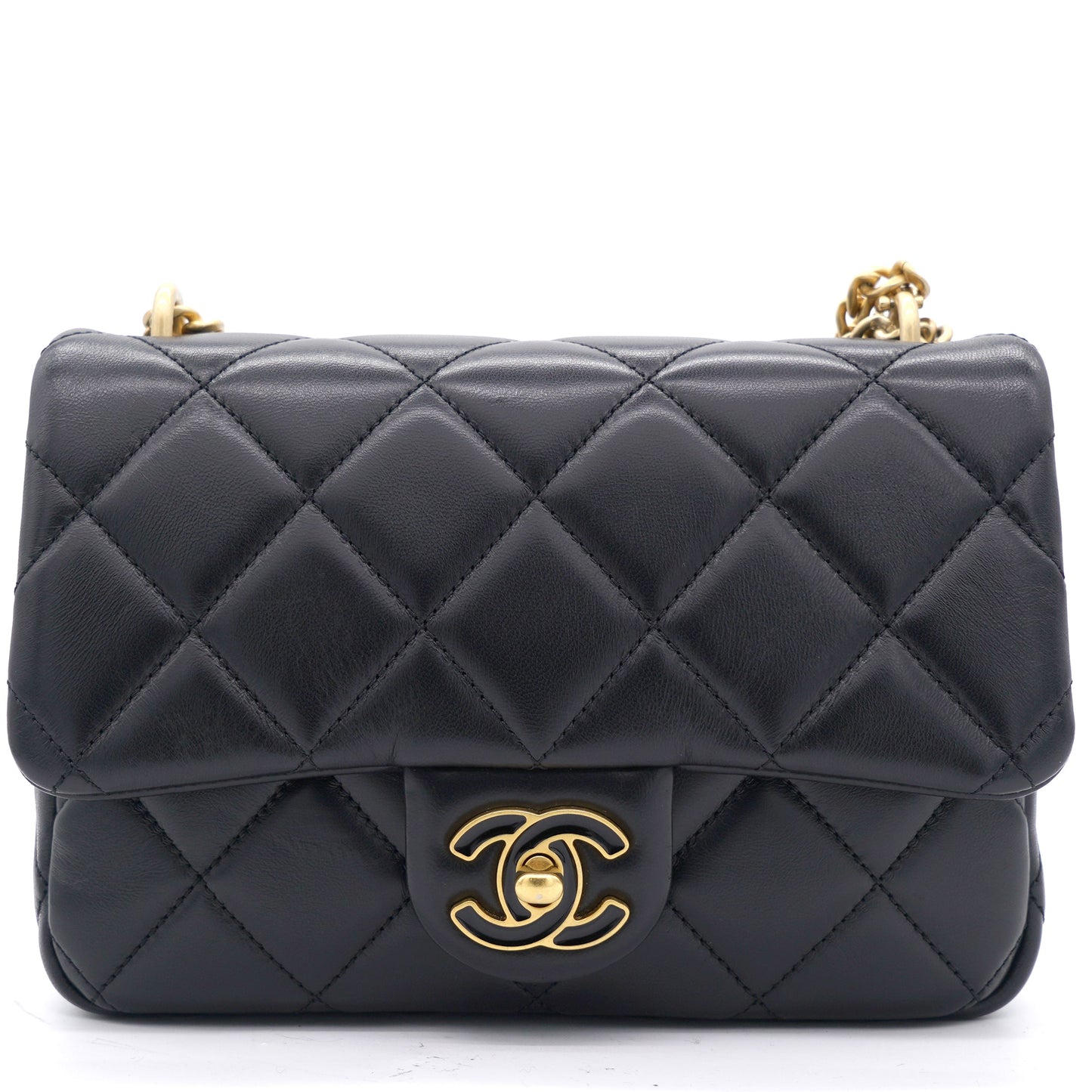 Lambskin Enamel Quilted Pending CC Mini Square Flap Black