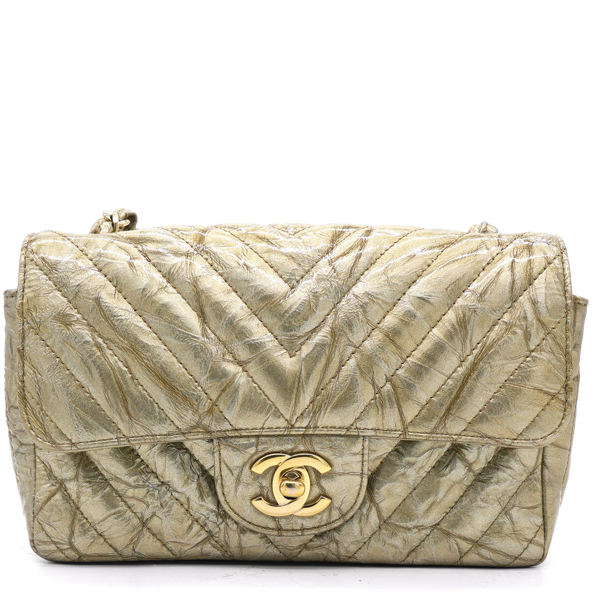 Patent Metallic Crumpled Calfskin Chevron Quilted Mini Rectangular Flap Gold