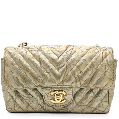 Patent Metallic Crumpled Calfskin Chevron Quilted Mini Rectangular Flap Gold