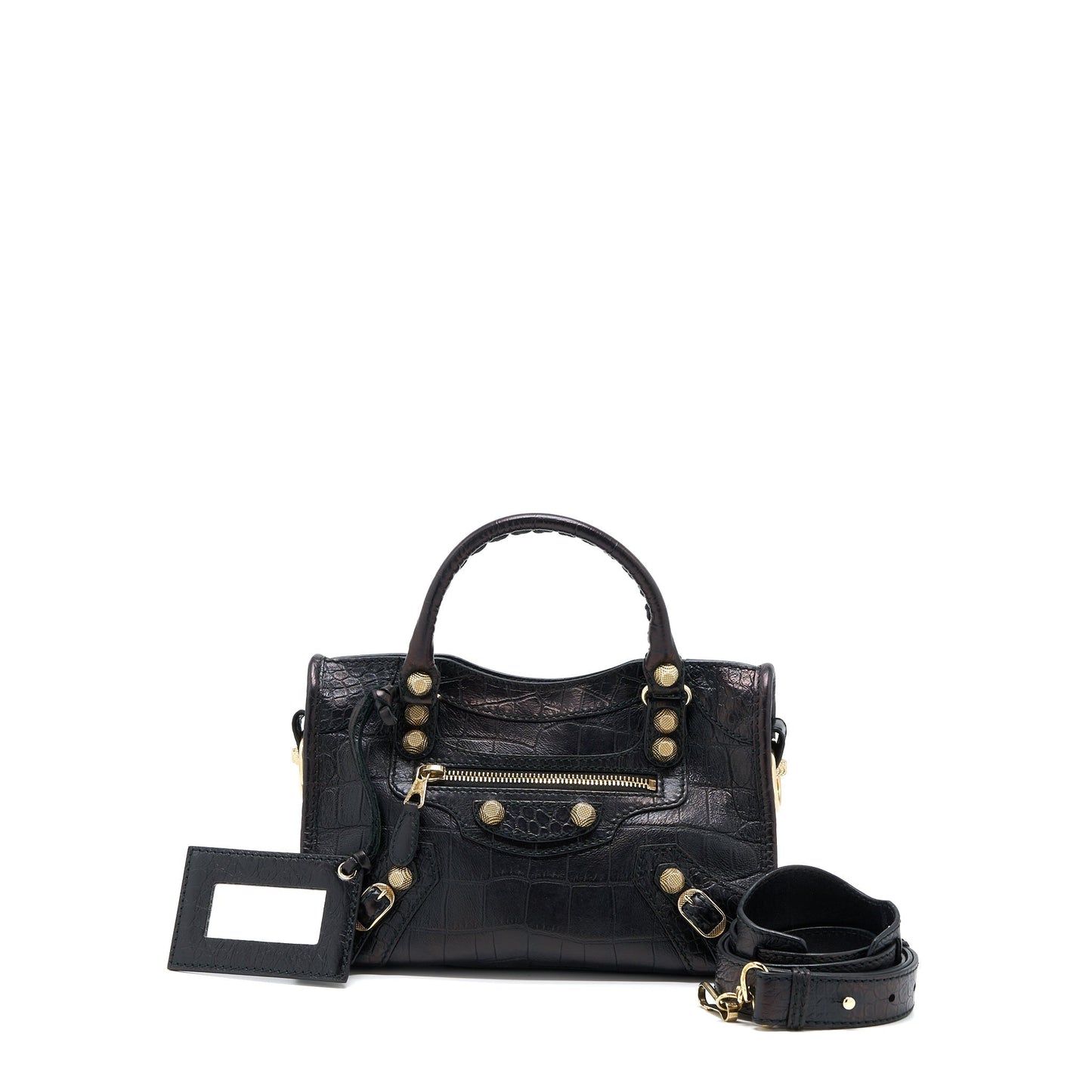 Balenciaga Mini City Croc-Embossed Calfskin Black GHW