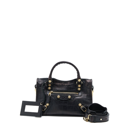 Balenciaga Mini City Croc-Embossed Calfskin Black GHW