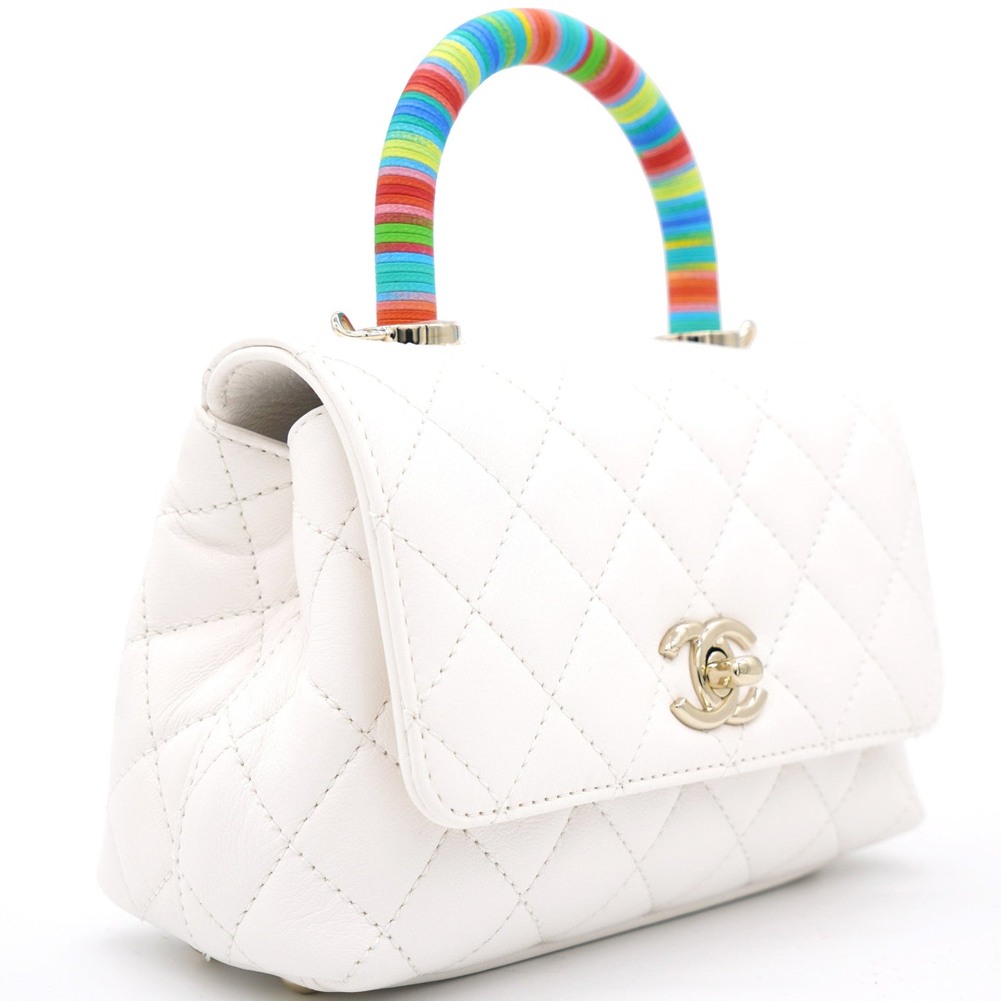 White Caviar Leather Mini Coco Top Handle Bag