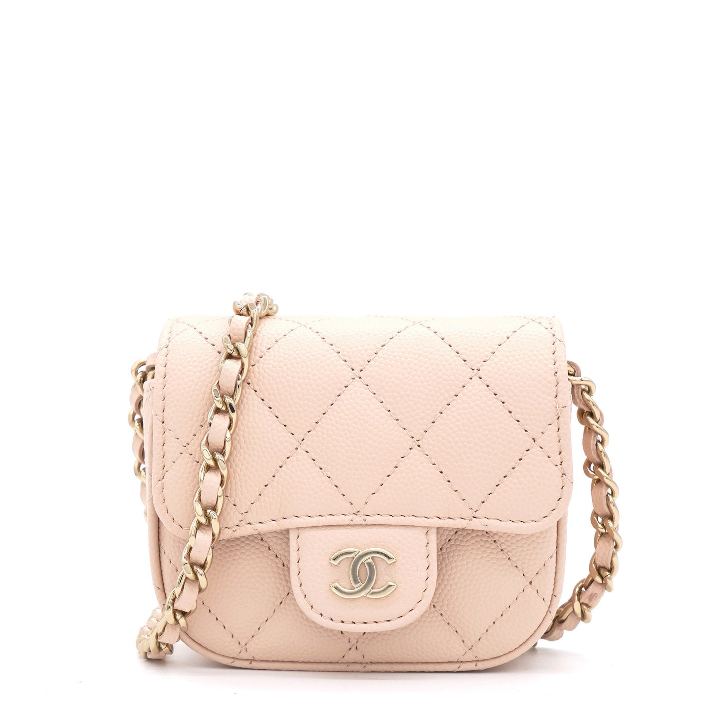 Pink Beige Quilted Caviar Leather Flap  Holder with Chain