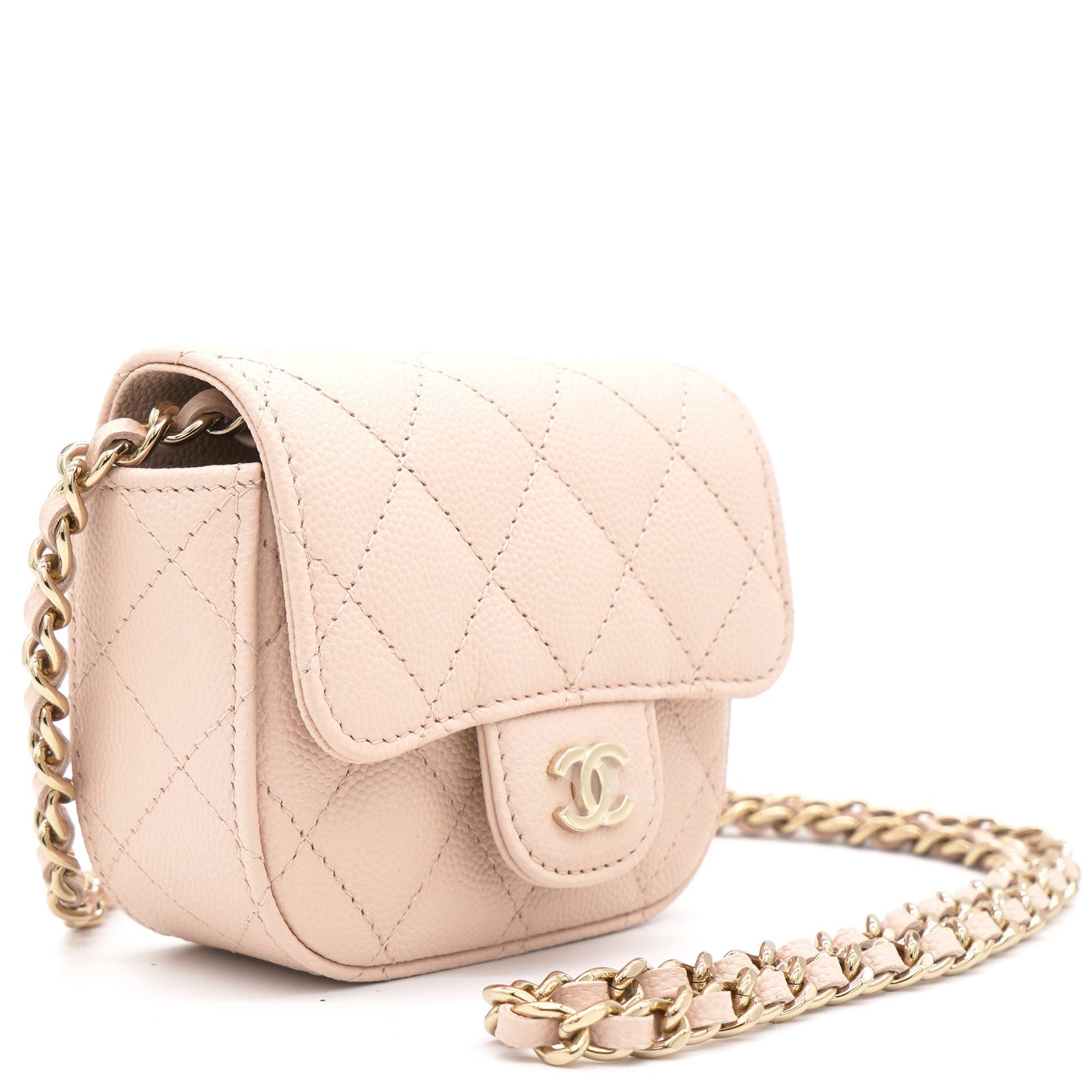 Pink Beige Quilted Caviar Leather Flap  Holder with Chain