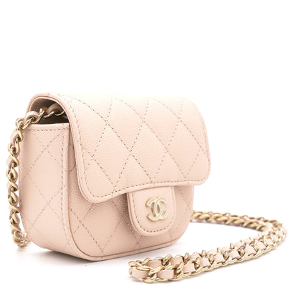 Pink Beige Quilted Caviar Leather Flap  Holder with Chain