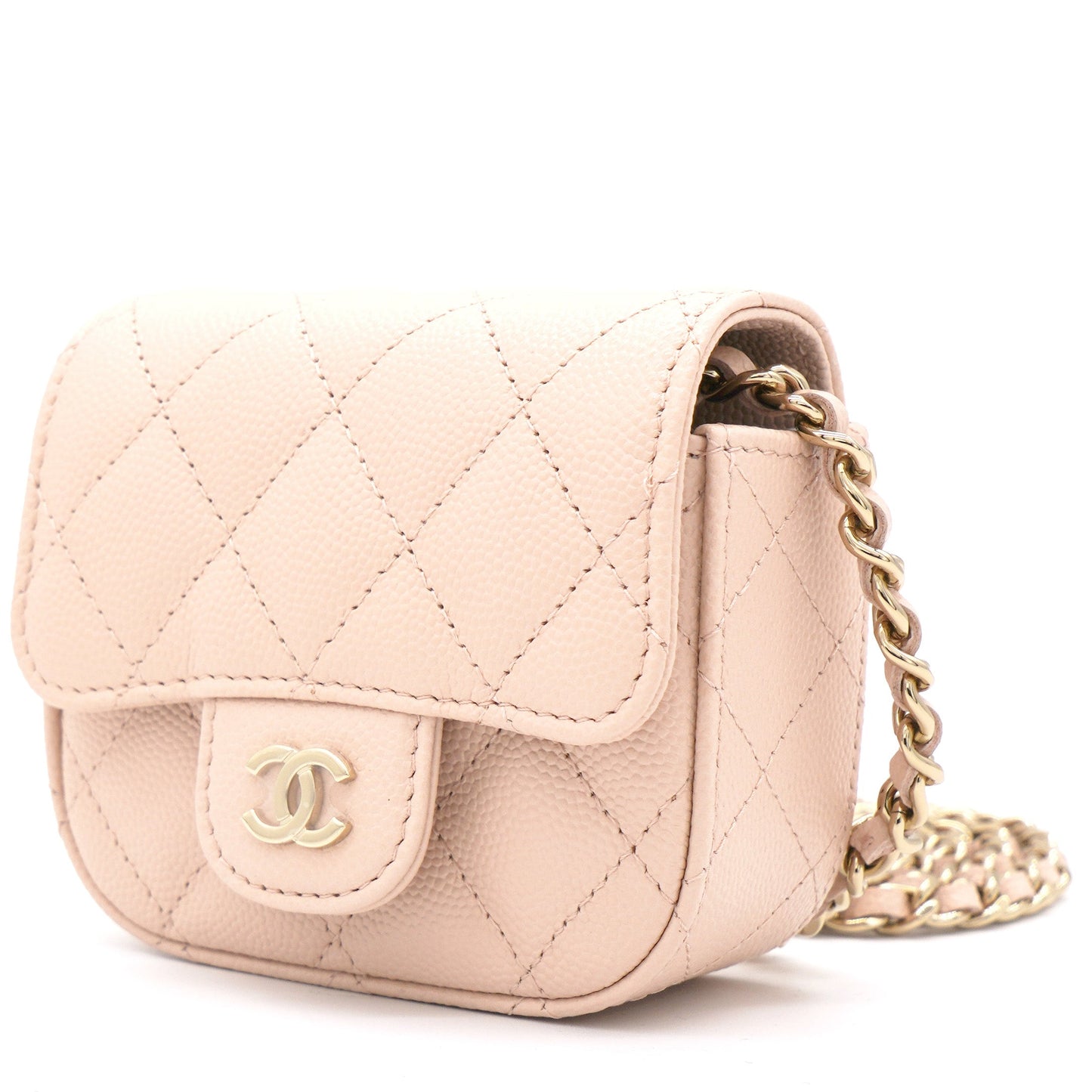 Pink Beige Quilted Caviar Leather Flap  Holder with Chain