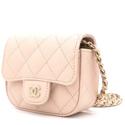 Pink Beige Quilted Caviar Leather Flap Card Holder with Chain