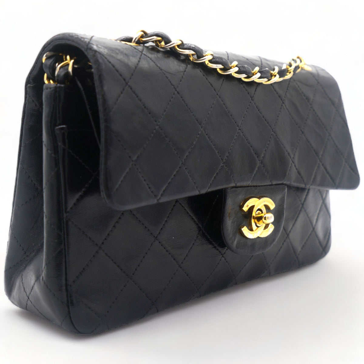 Vintage Black Quilted Lambskin Leather Classic Small Double Flap Bag
