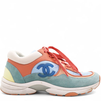 Nylon Lambskin Suede Leather CC Sneakers Coral Light Blue White Size37