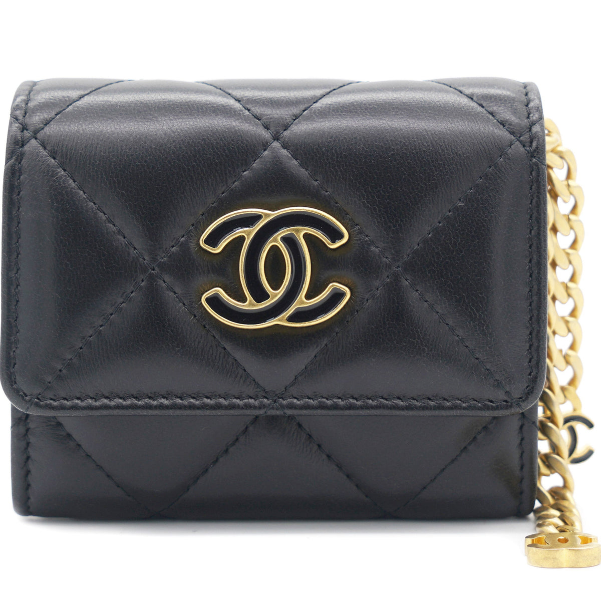Black Quilted Lambskin Leather cc Enamel  Holder with Chain