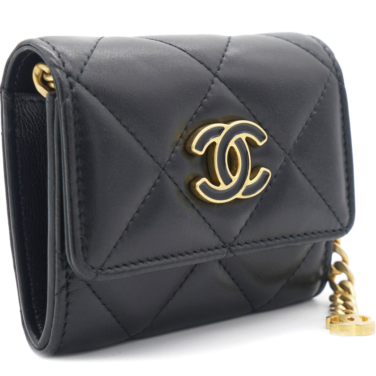 Black Quilted Lambskin Leather cc Enamel  Holder with Chain