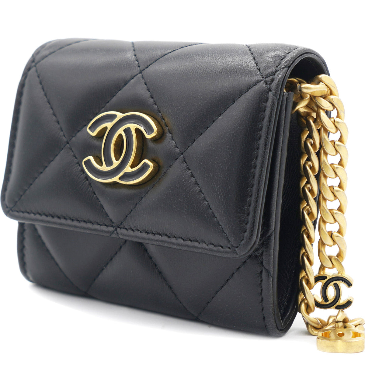 Black Quilted Lambskin Leather cc Enamel  Holder with Chain