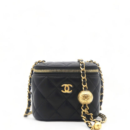 Lambskin Quilted Mini Pearl Crush Vanity Case with Chain Black