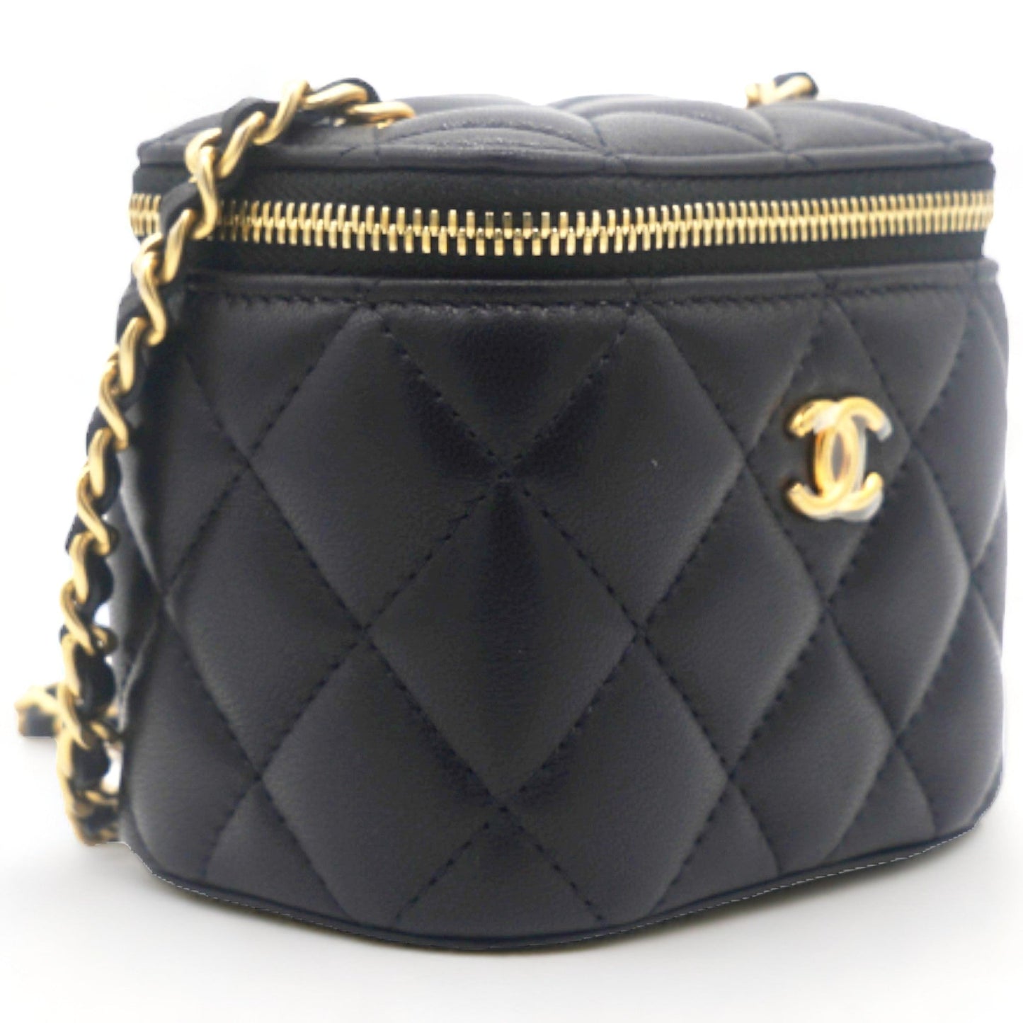 Lambskin Quilted Mini Pearl Crush Vanity Case with Chain Black