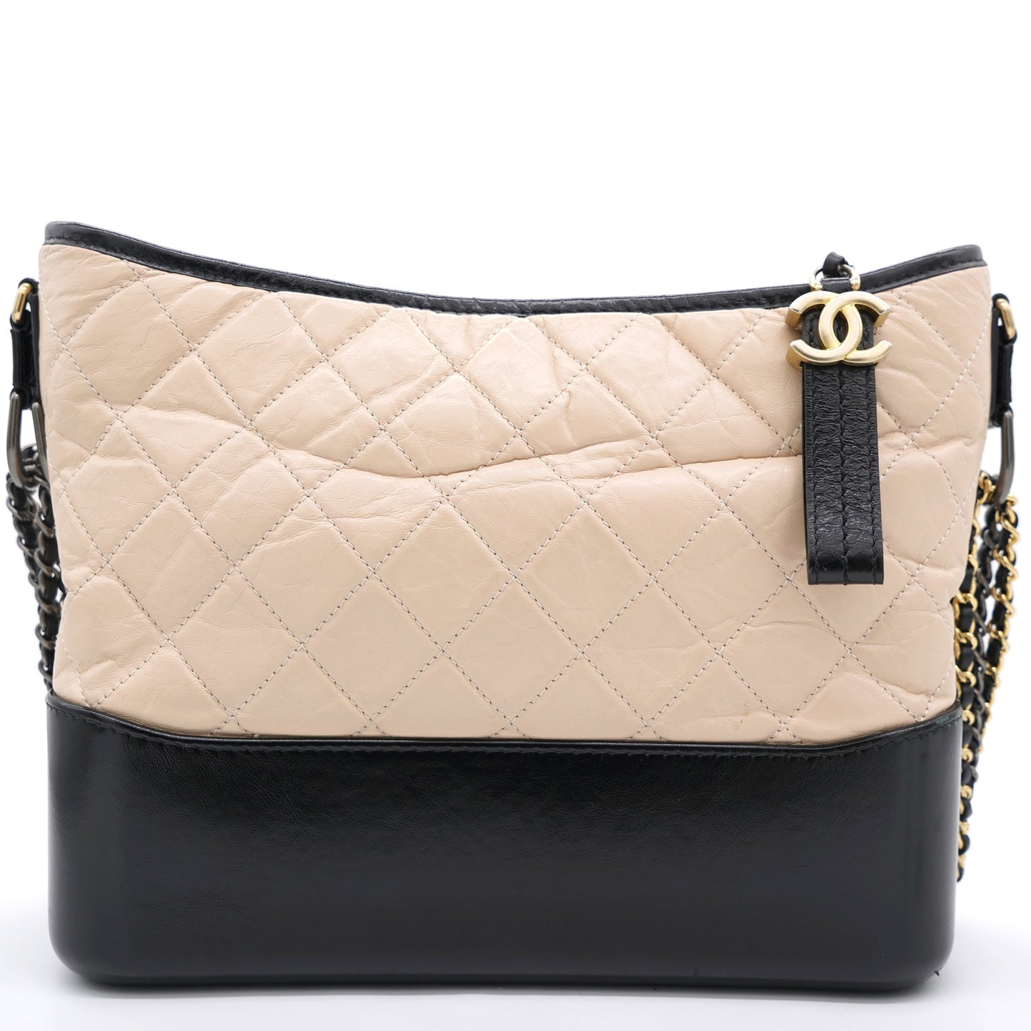 Aged Calfskin Quilted Medium Gabrielle Hobo Beige Black