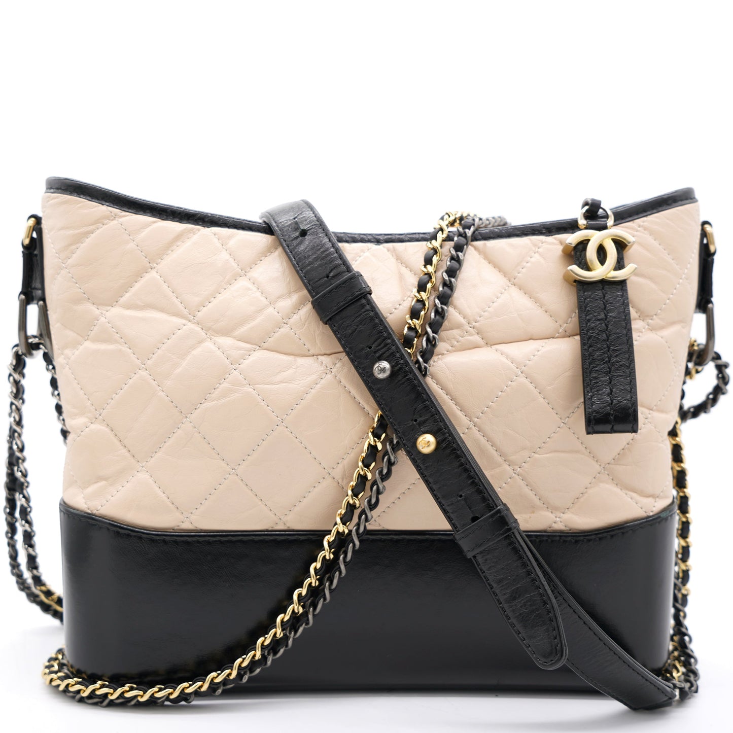 Aged Calfskin Quilted Medium Gabrielle Hobo Beige Black