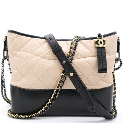 Aged Calfskin Quilted Medium Gabrielle Hobo Beige Black