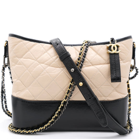 Aged Calfskin Quilted Medium Gabrielle Hobo Beige Black