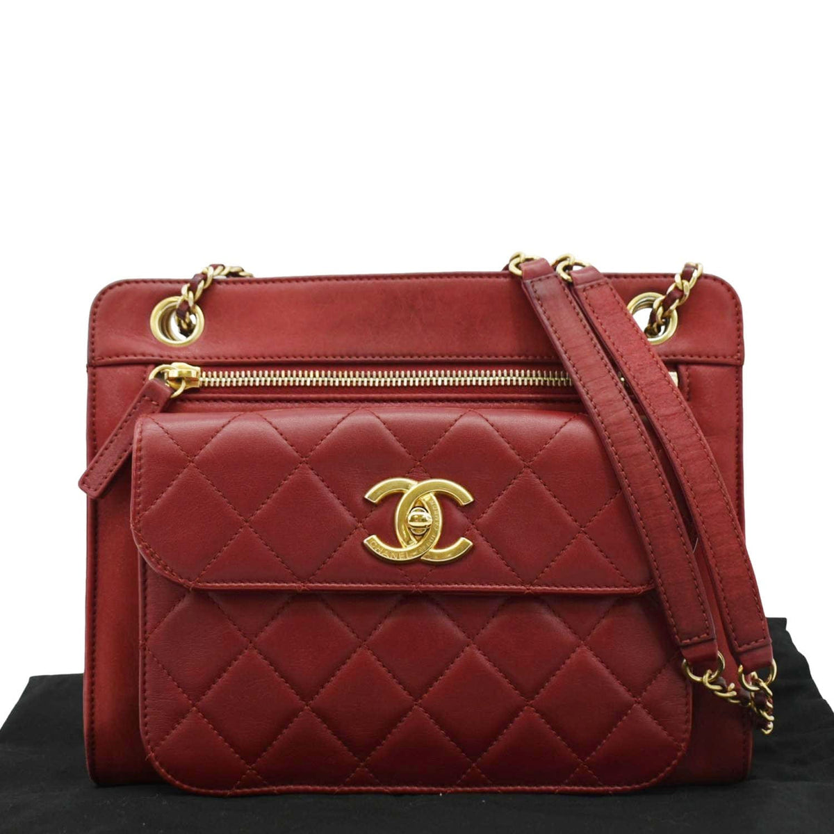 Chanel Square Front Pocket Quilted Leather Chain Crossbody Bag Red