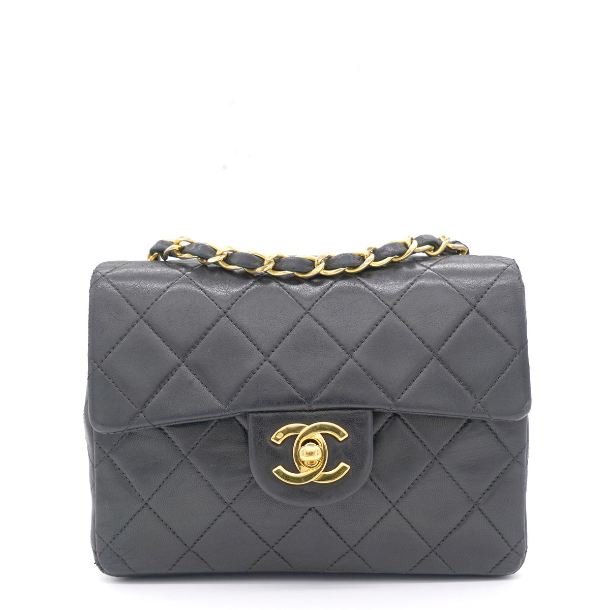 Vintage Black Quilted Leather Mini Square Classic Flap Bag