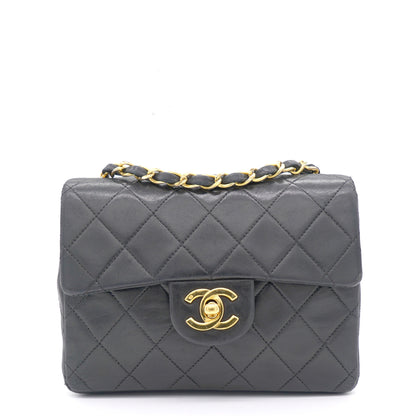 Vintage Black Quilted Leather Mini Square Classic Flap Bag