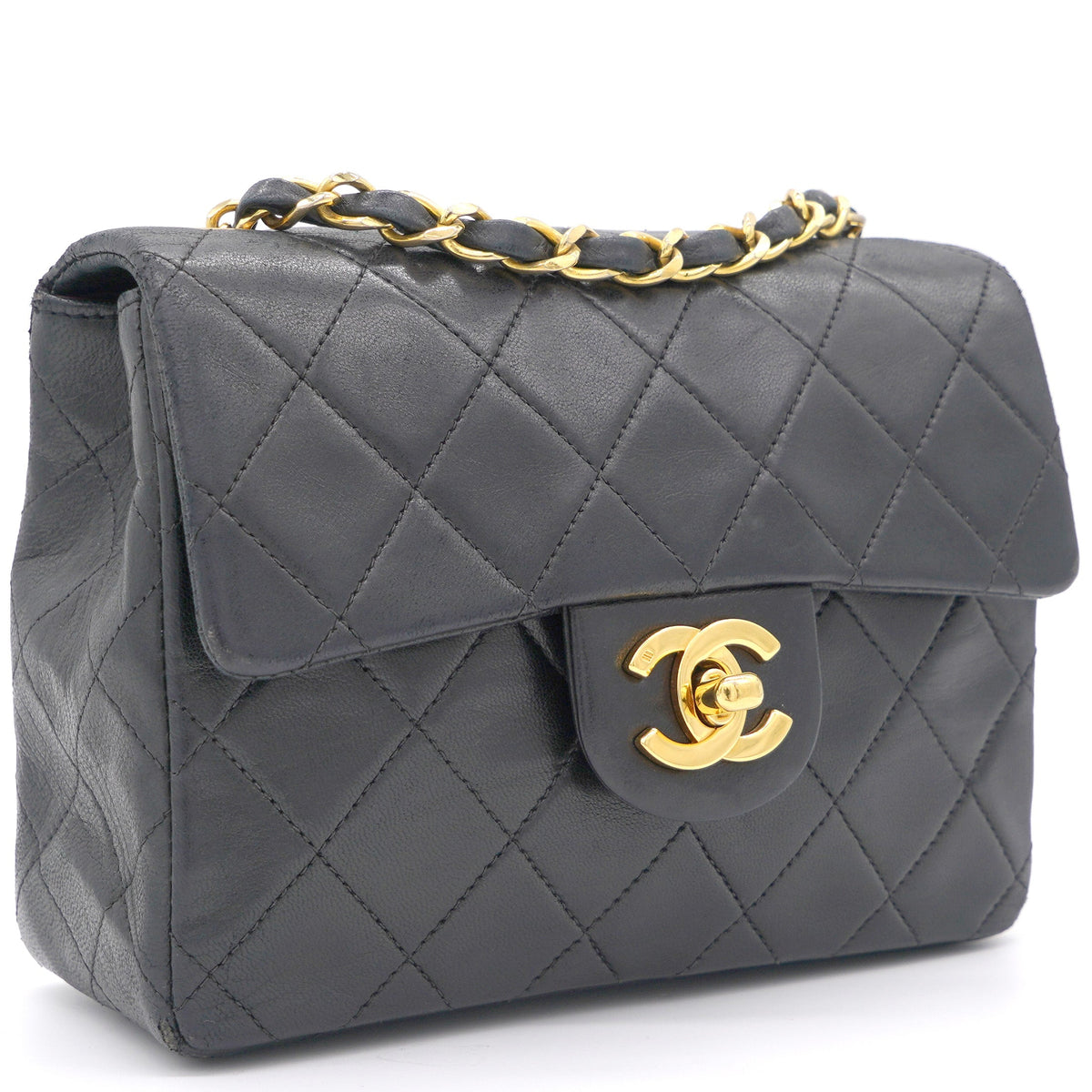 Vintage Black Quilted Leather Mini Square Classic Flap Bag
