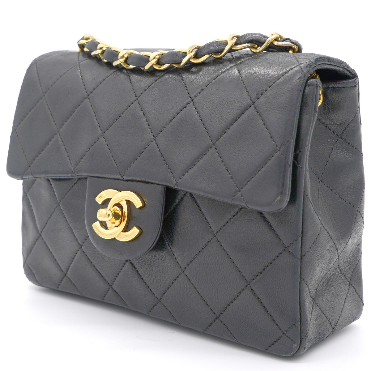 Vintage Black Quilted Leather Mini Square Classic Flap Bag