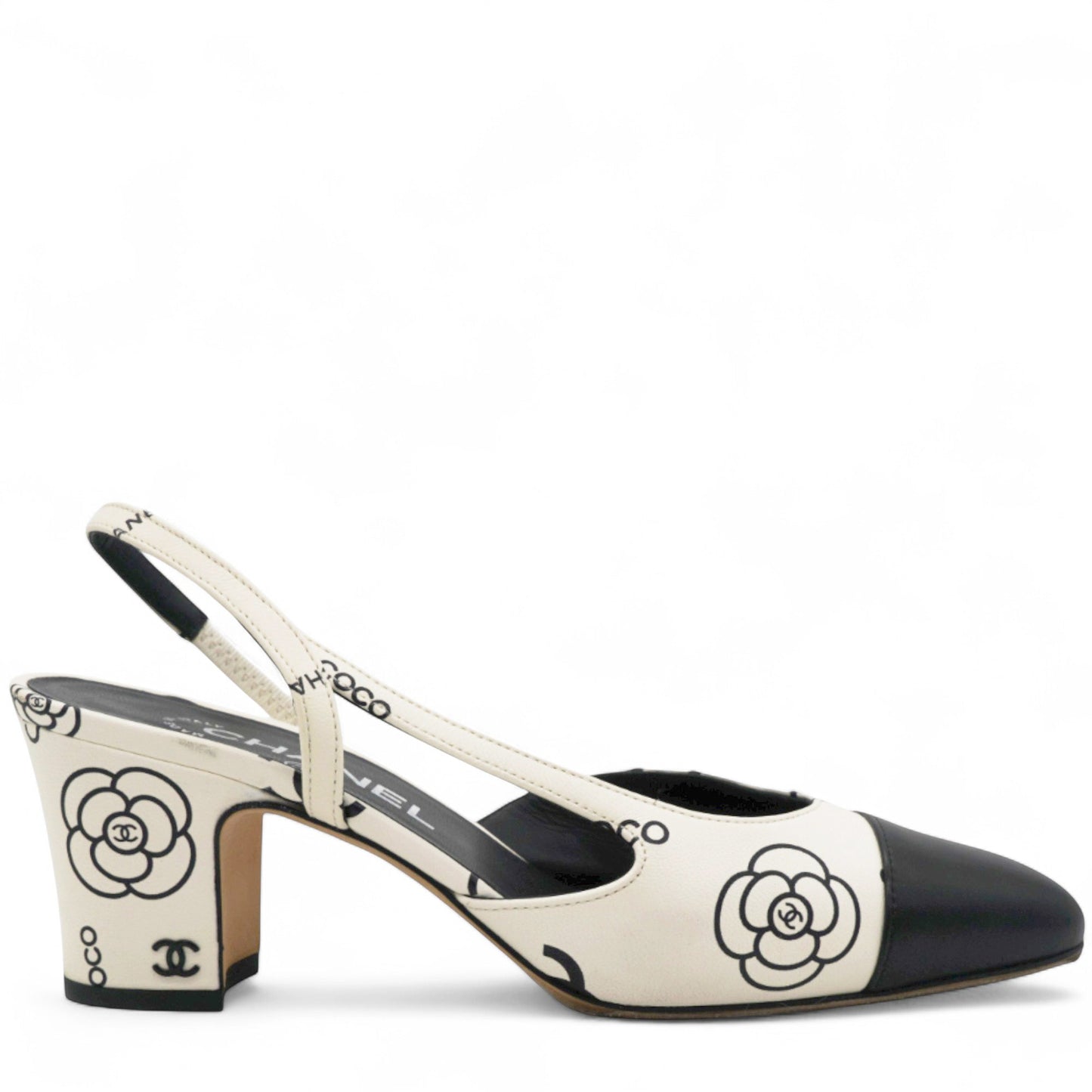 Printed Lambskin Cap Toe CC Slingback Pumps Black White Size37.5