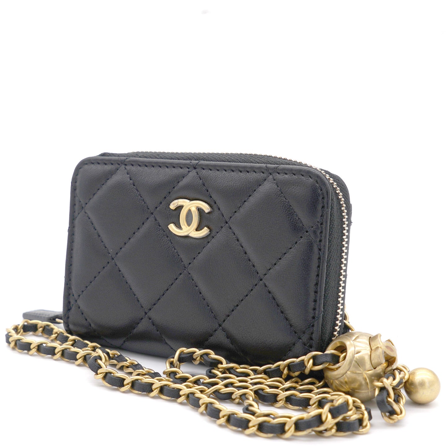 Black Lambskin Leather CC Zip Around Purse with Gold Ball Chain