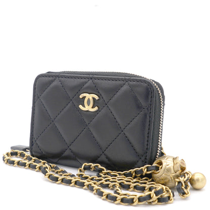 Black Lambskin Leather CC Zip Around Purse with Gold Ball Chain