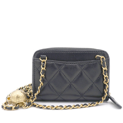 Black Lambskin Leather CC Zip Around Purse with Gold Ball Chain