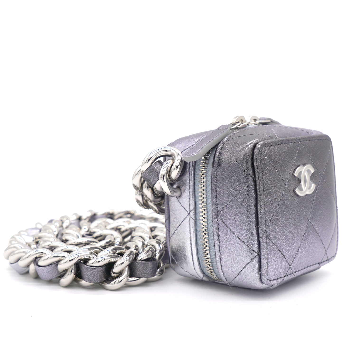 Gradient Metallic Silver and Purple Lambskin Clutch with Chain