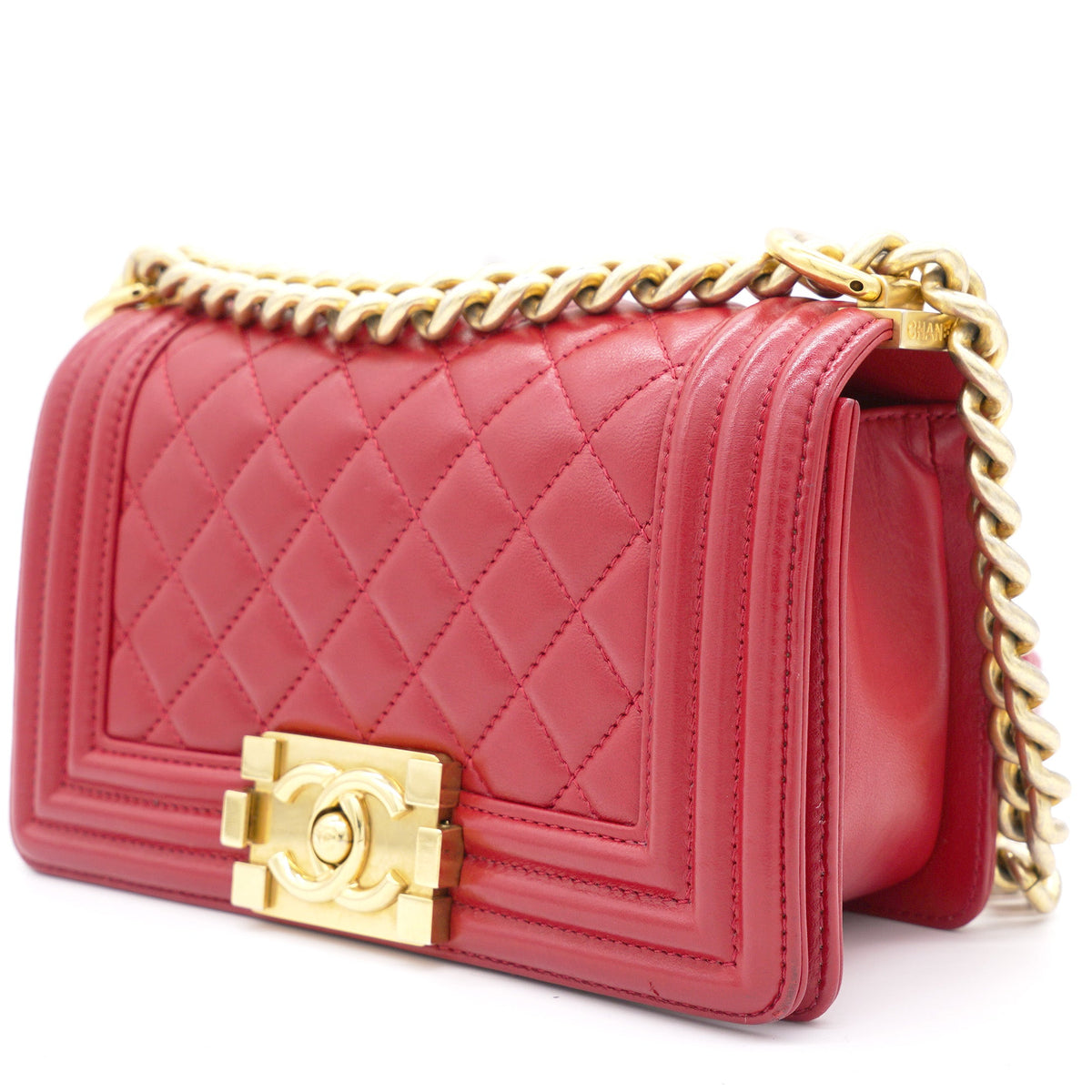 Red Quilted Lambskin Leather Small Boy Flap Bag