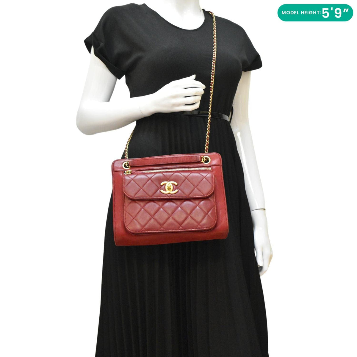 Chanel Square Front Pocket Quilted Leather Chain Crossbody Bag Red