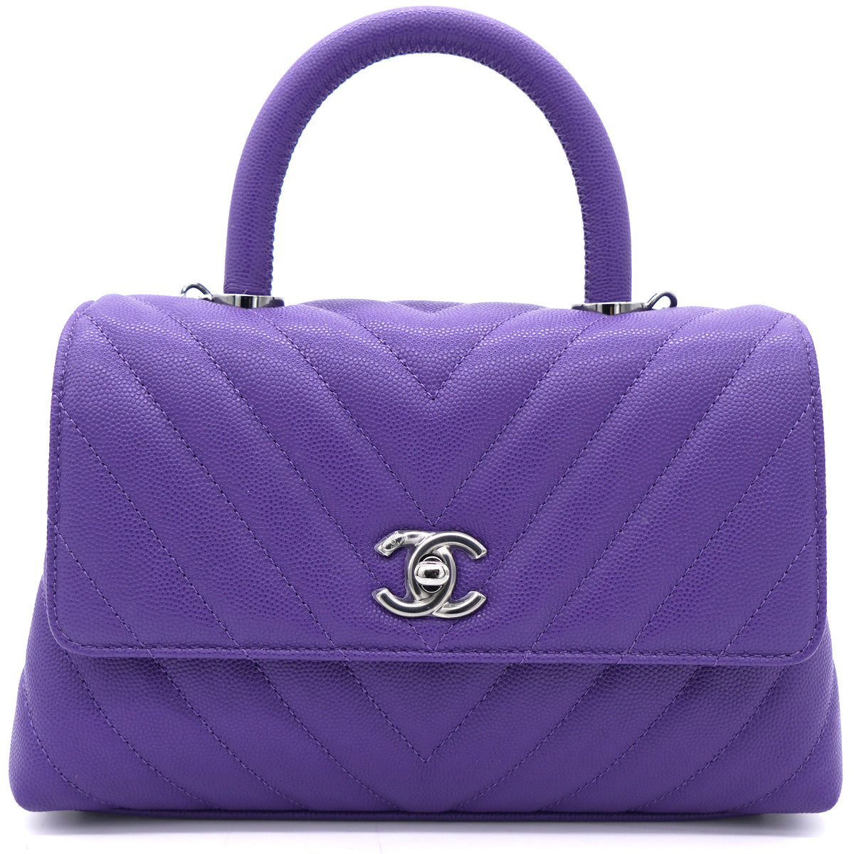 Purple Chevron Caviar Leather Mini Coco Top Handle Bag