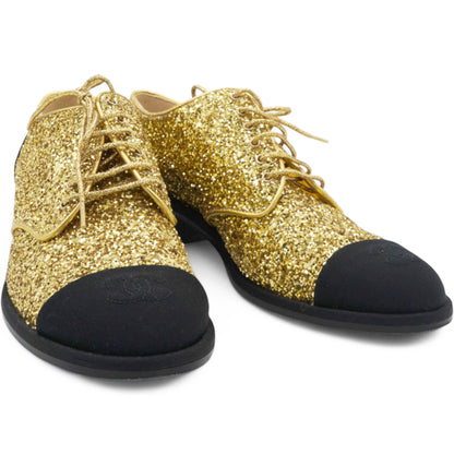 Gold Glitter and Black Grosgrain Lace-Up Shoes Size38