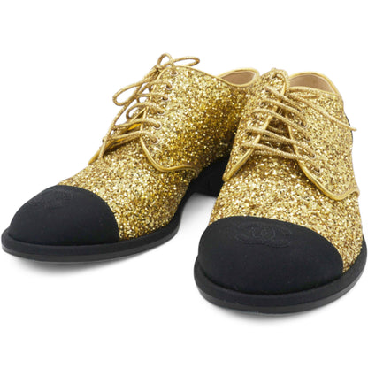 Gold Glitter and Black Grosgrain Lace-Up Shoes Size38