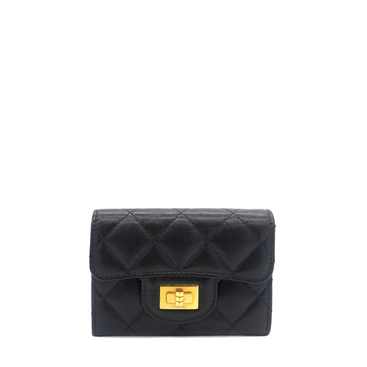 Aged Calfskin Quilted Reissue Flap Card Holder Black GHW