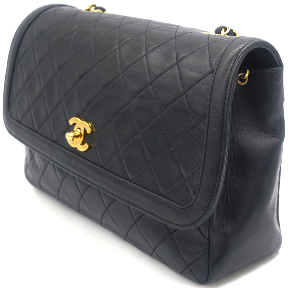 Vintage Lambskin Quilted Medium Single Flap Shoulder Bag Black