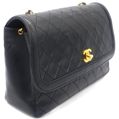 Vintage Lambskin Quilted Medium Single Flap Shoulder Bag Black