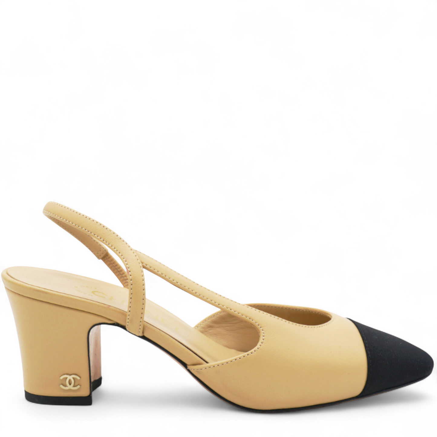 Goatskin Grosgrain Cap Toe CC Slingback Sandals Beige Black Size37