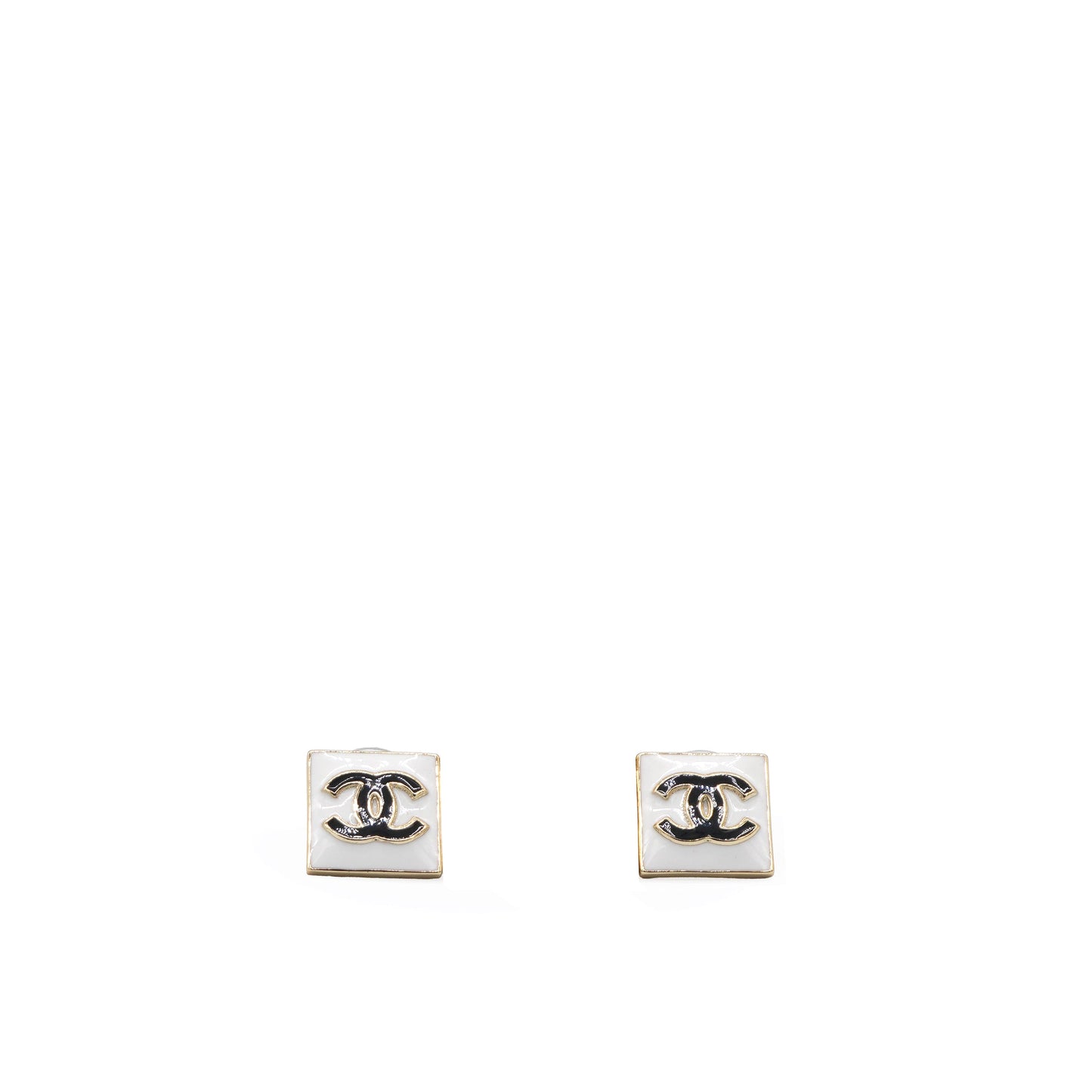 Metal Enamel CC Square Earrings Gold Black White
