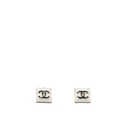 Metal Enamel CC Square Earrings Gold Black White