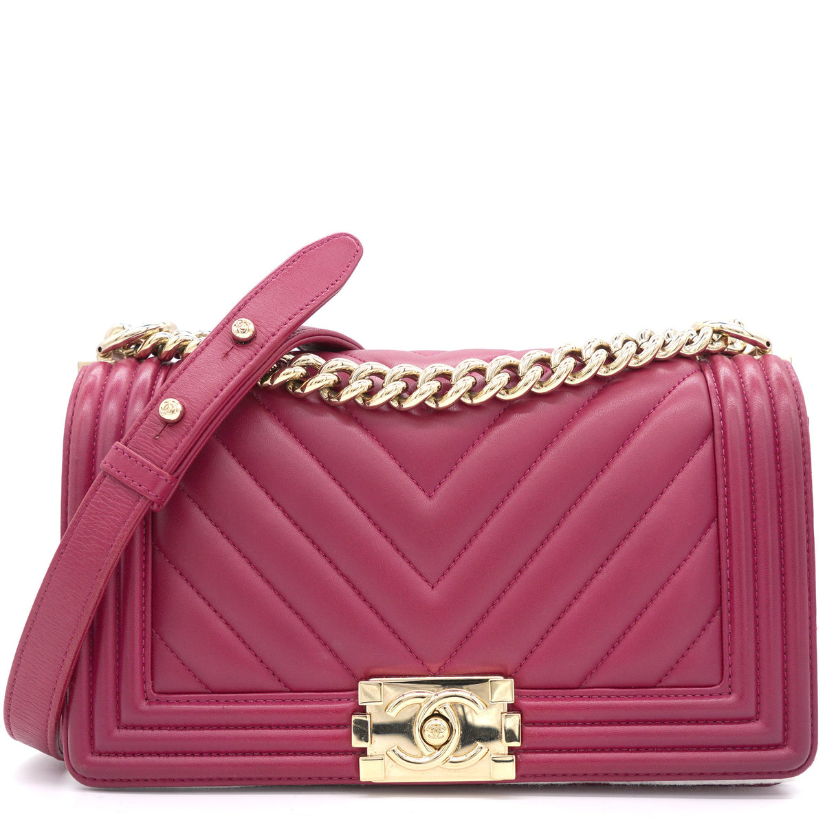 Fuschia Lambskin Chevron Quilted Old Medium Boy Flap