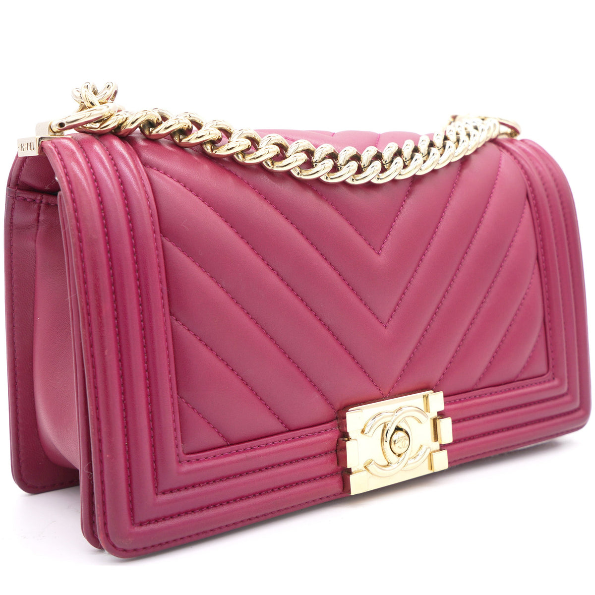 Fuschia Lambskin Chevron Quilted Old Medium Boy Flap