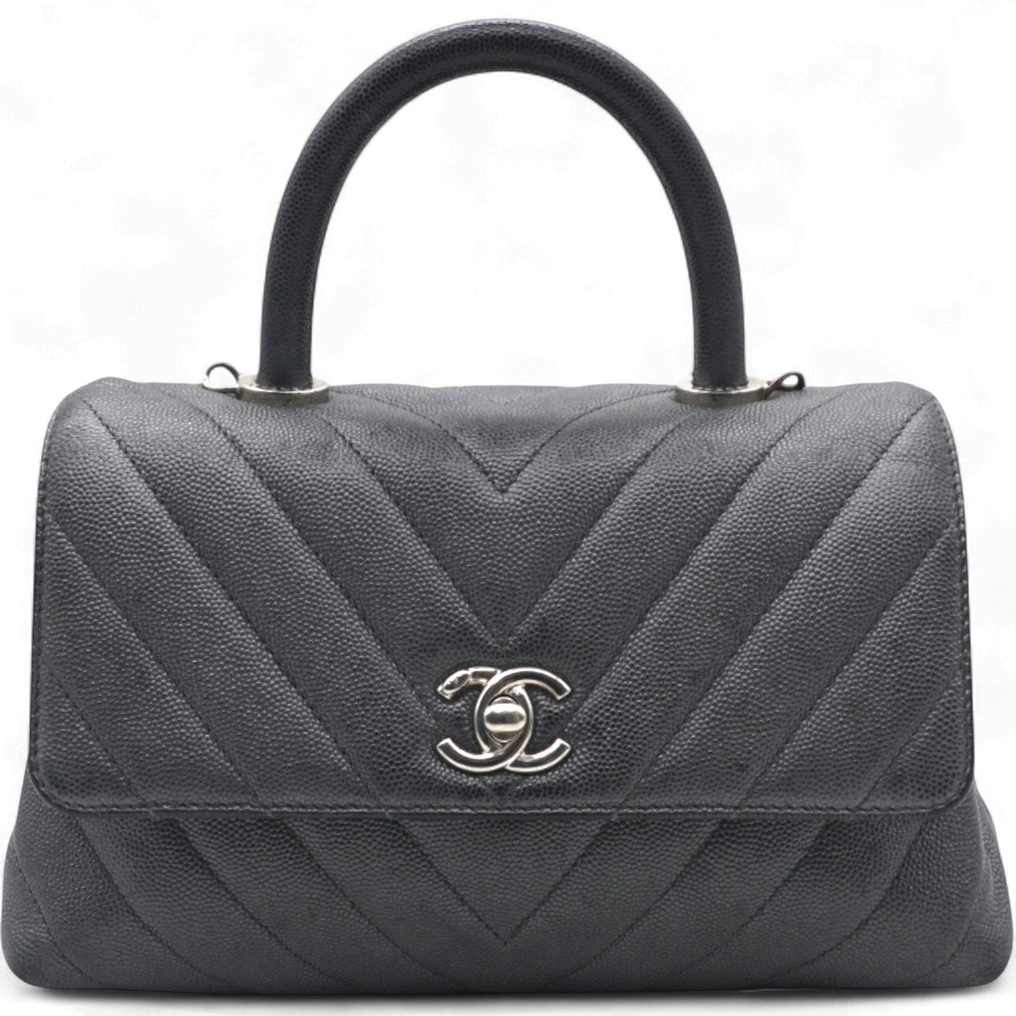 Caviar Chevron Quilted Small Coco Handle Flap Dark Grey