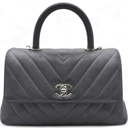 Caviar Chevron Quilted Small Coco Handle Flap Dark Grey