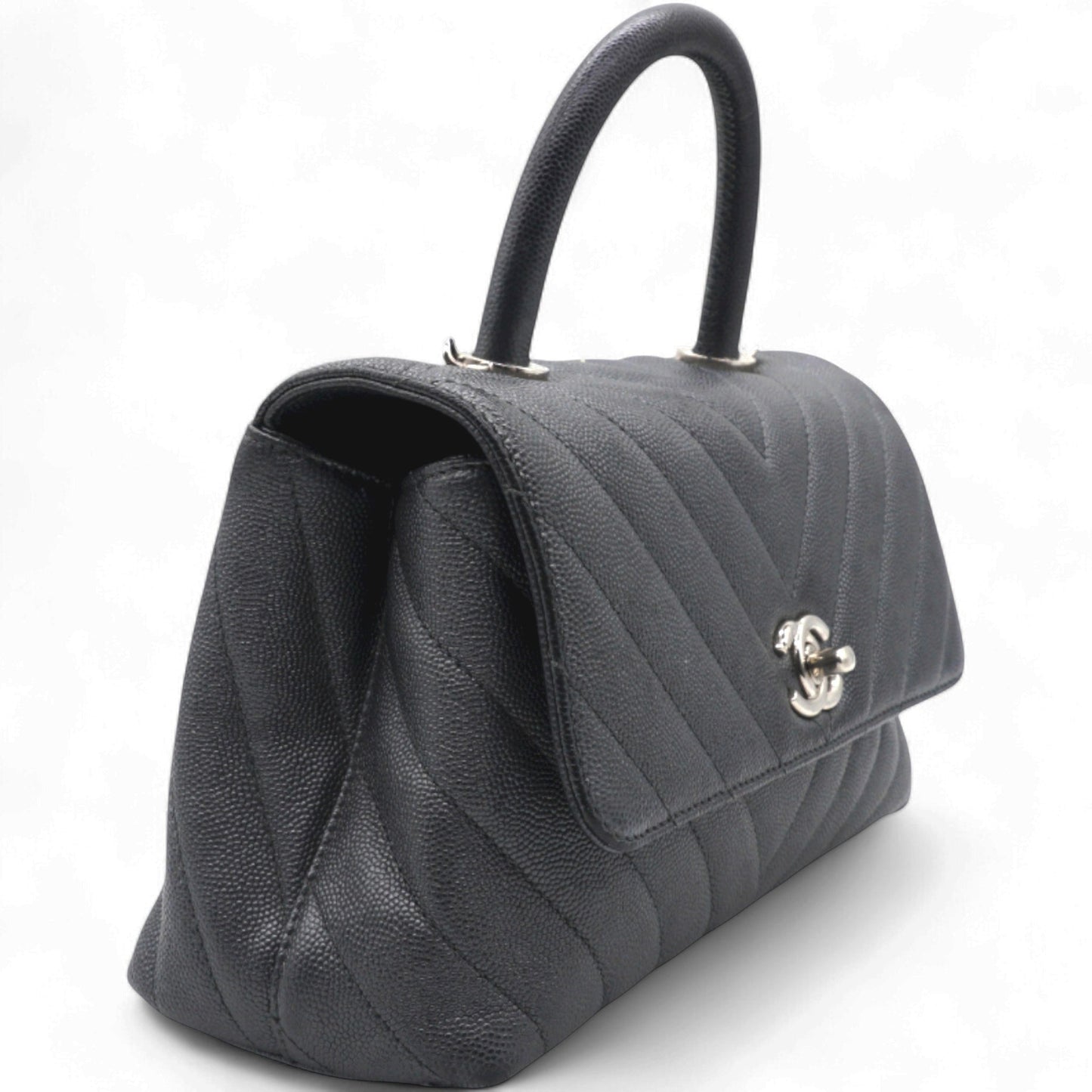 Caviar Chevron Quilted Small Coco Handle Flap Dark Grey