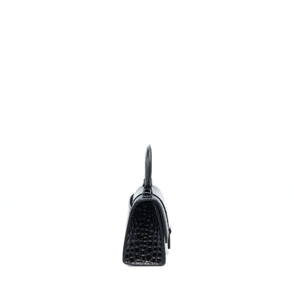Balenciaga Hourglass XS Croc-Embossed Calfskin So Black
