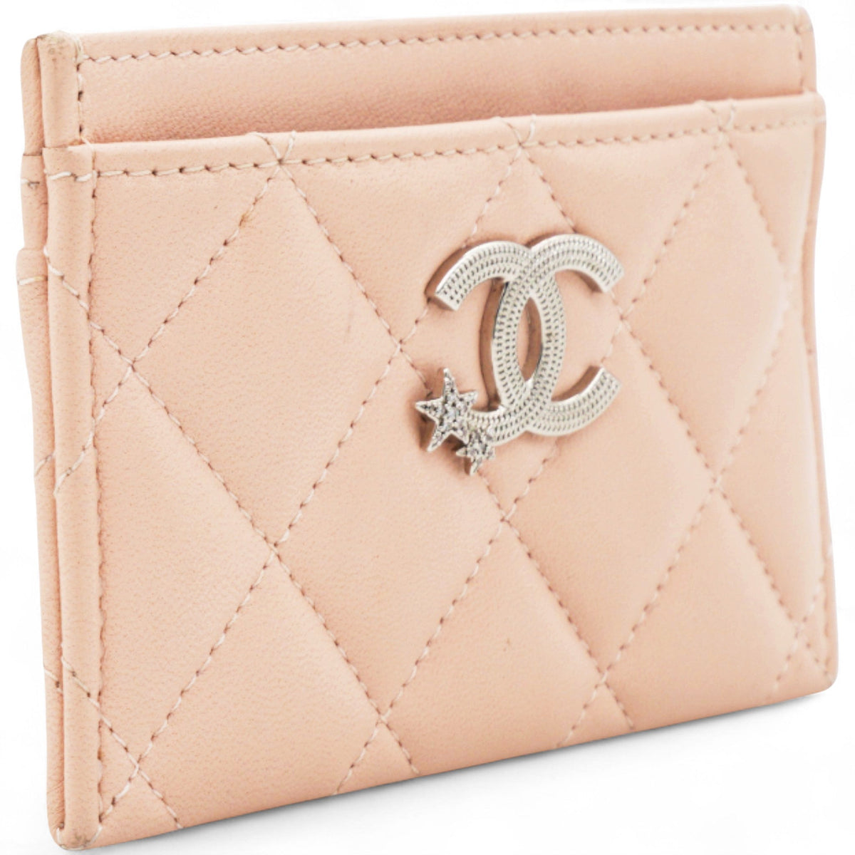 Lambskin Quilted Crystal Card Holder Beige